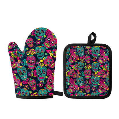 Teal Pink Sugar Skull Pattern Print Oven Mitt And Pot Holder Set