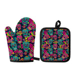 Teal Pink Sugar Skull Pattern Print Oven Mitt And Pot Holder Set