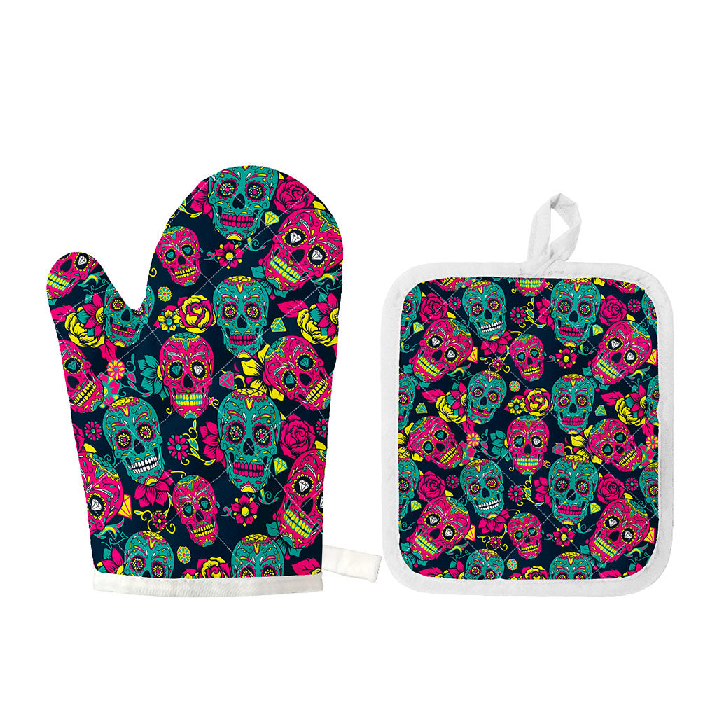 Teal Pink Sugar Skull Pattern Print Oven Mitt And Pot Holder Set