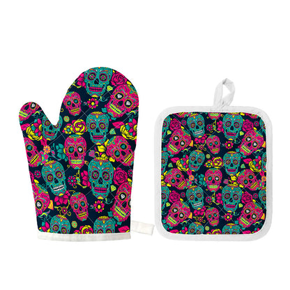 Teal Pink Sugar Skull Pattern Print Oven Mitt And Pot Holder Set