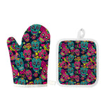 Teal Pink Sugar Skull Pattern Print Oven Mitt And Pot Holder Set