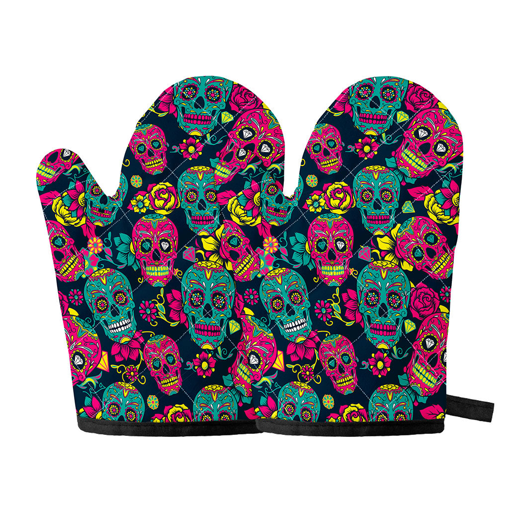 Teal Pink Sugar Skull Pattern Print Oven Mitts