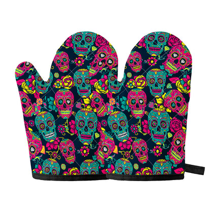 Teal Pink Sugar Skull Pattern Print Oven Mitts