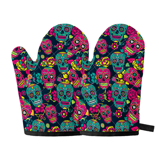 Teal Pink Sugar Skull Pattern Print Oven Mitts