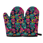 Teal Pink Sugar Skull Pattern Print Oven Mitts