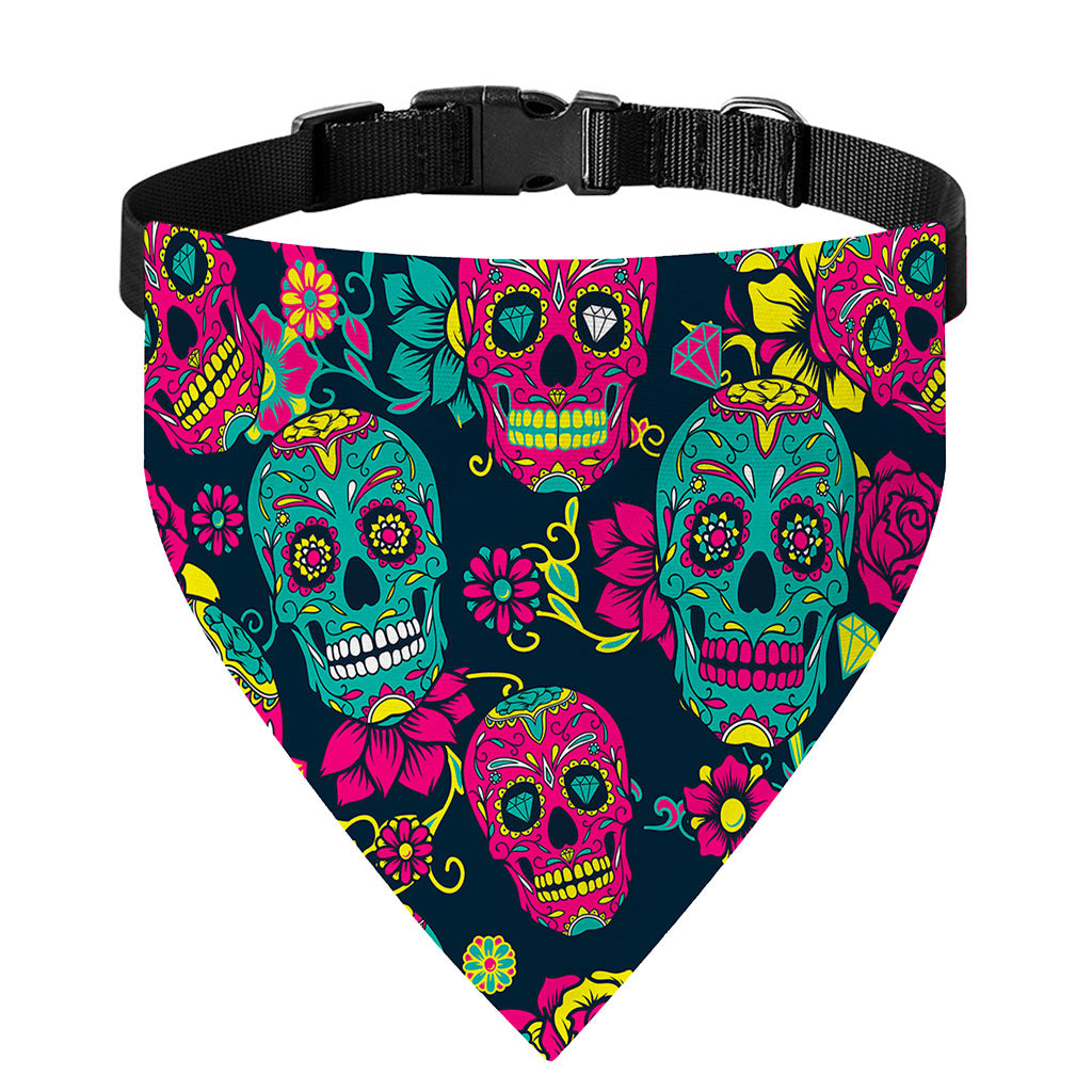 Teal Pink Sugar Skull Pattern Print Over The Collar Dog Bandana