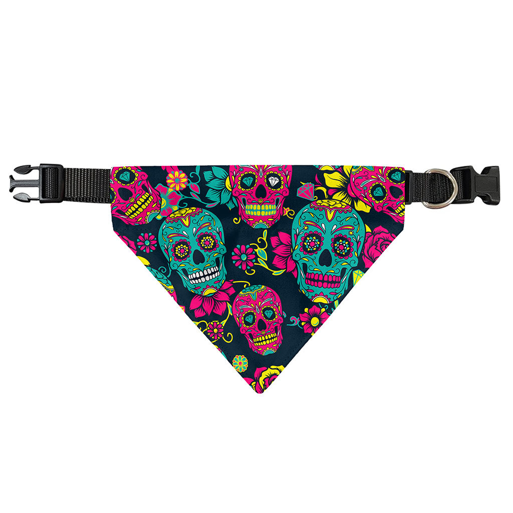Teal Pink Sugar Skull Pattern Print Over The Collar Dog Bandana