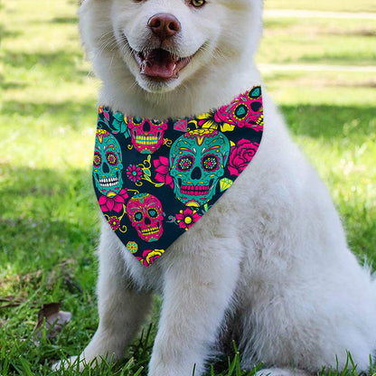 Teal Pink Sugar Skull Pattern Print Over The Collar Dog Bandana