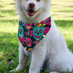 Teal Pink Sugar Skull Pattern Print Over The Collar Dog Bandana
