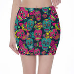 Teal Pink Sugar Skull Pattern Print Pencil Mini Skirt