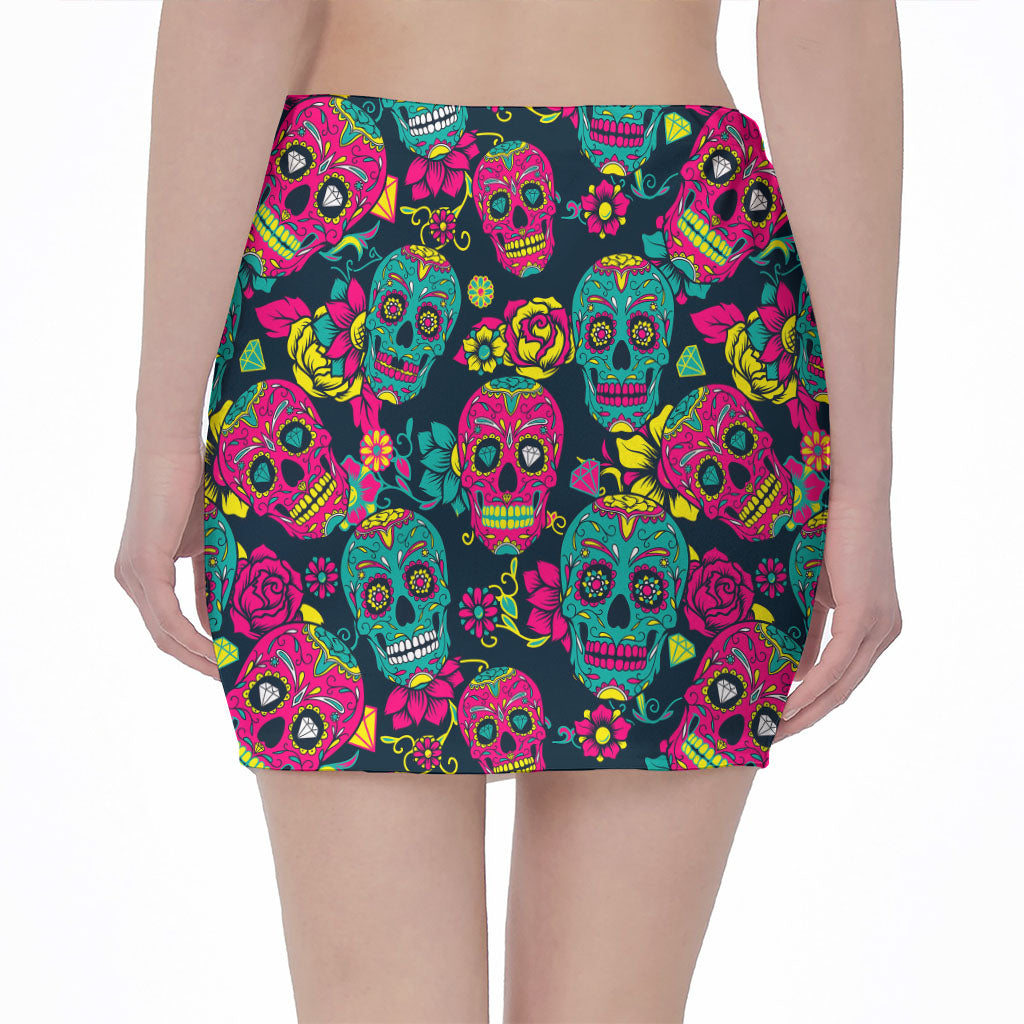 Teal Pink Sugar Skull Pattern Print Pencil Mini Skirt