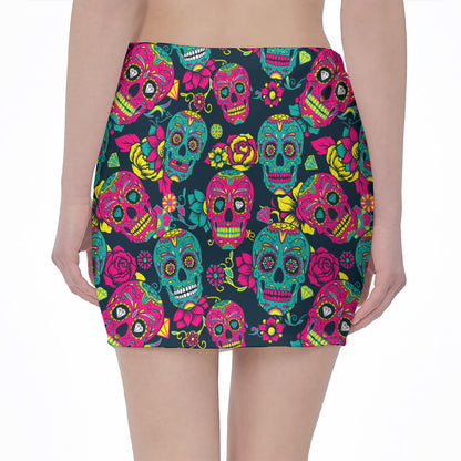 Teal Pink Sugar Skull Pattern Print Pencil Mini Skirt