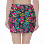 Teal Pink Sugar Skull Pattern Print Pencil Mini Skirt