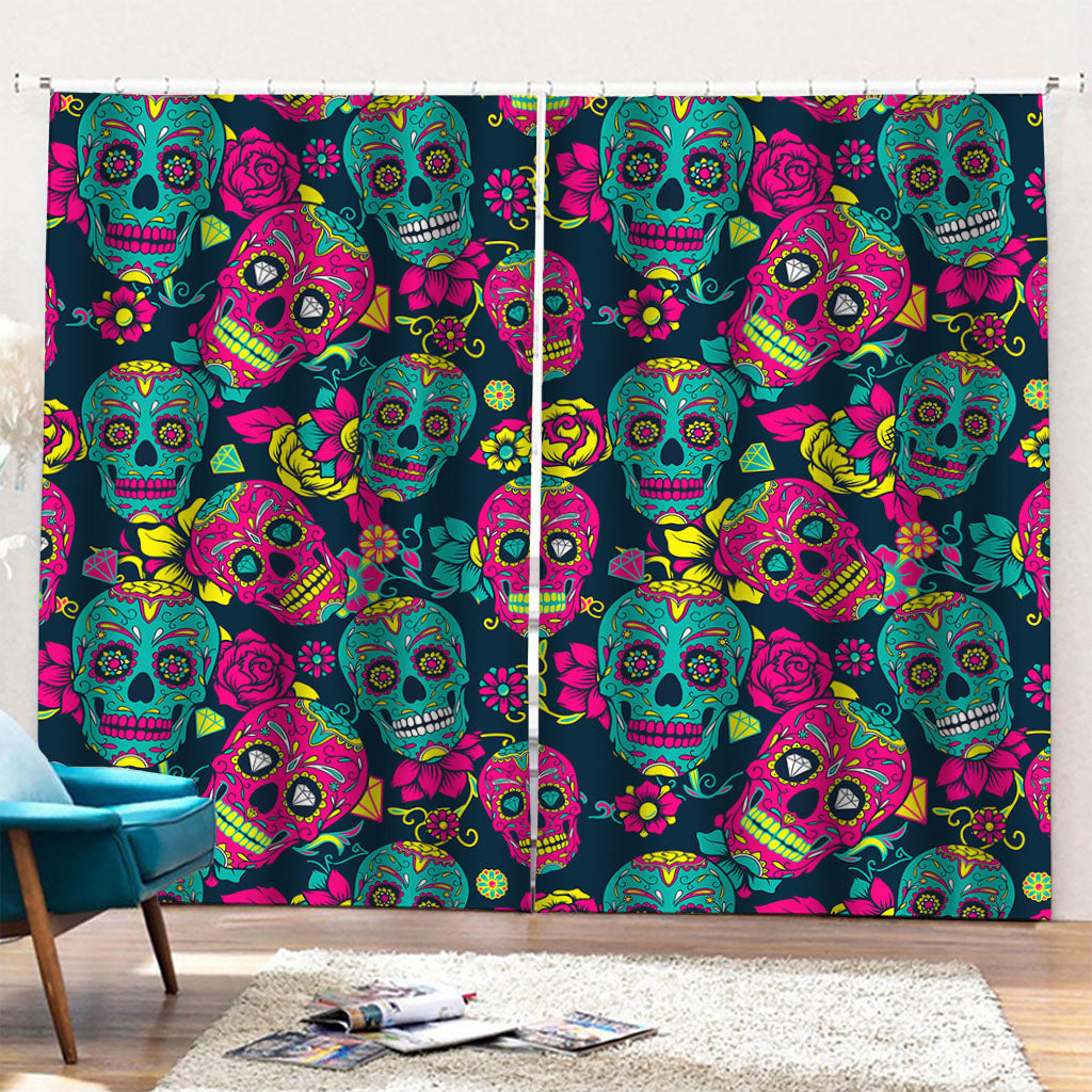 Teal Pink Sugar Skull Pattern Print Pencil Pleat Curtains