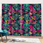 Teal Pink Sugar Skull Pattern Print Pencil Pleat Curtains