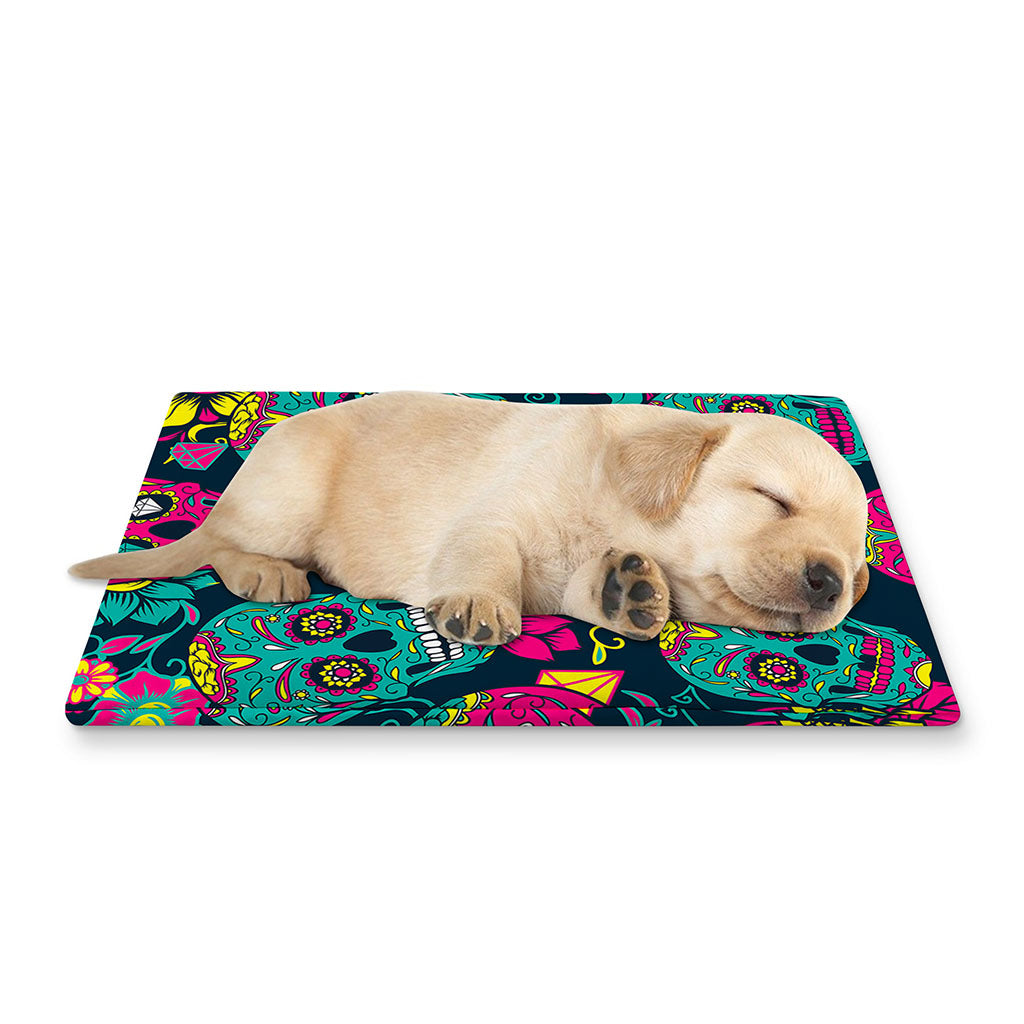 Teal Pink Sugar Skull Pattern Print Pet Cooling Mat Cover