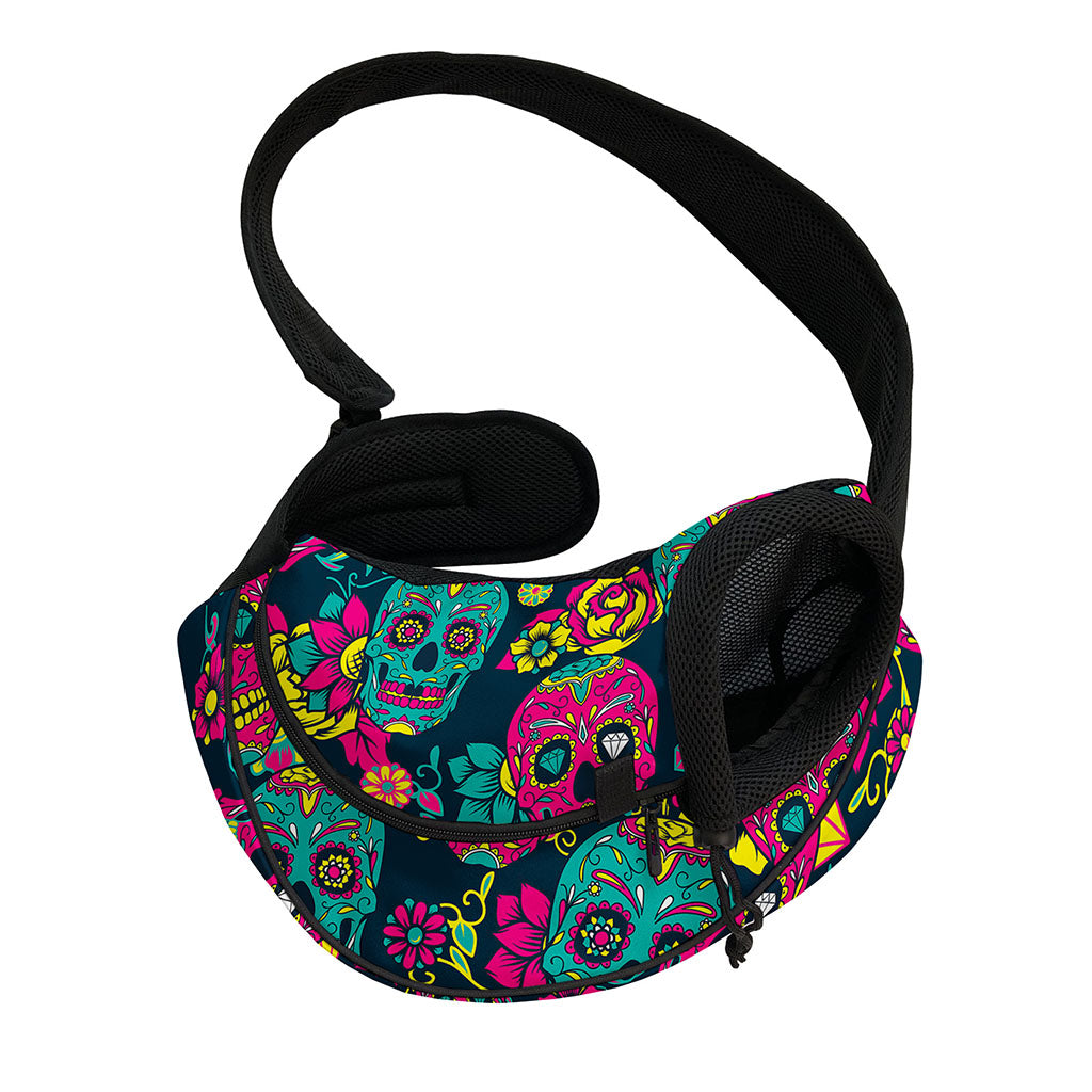 Teal Pink Sugar Skull Pattern Print Pet Sling Carrier