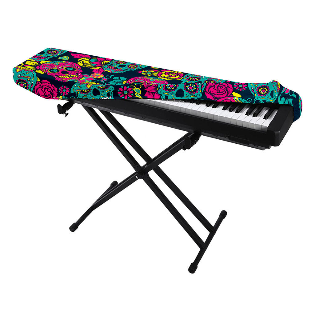 Teal Pink Sugar Skull Pattern Print Piano Keyboard Cover