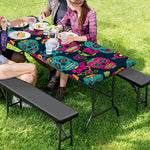 Teal Pink Sugar Skull Pattern Print Picnic Table Cover