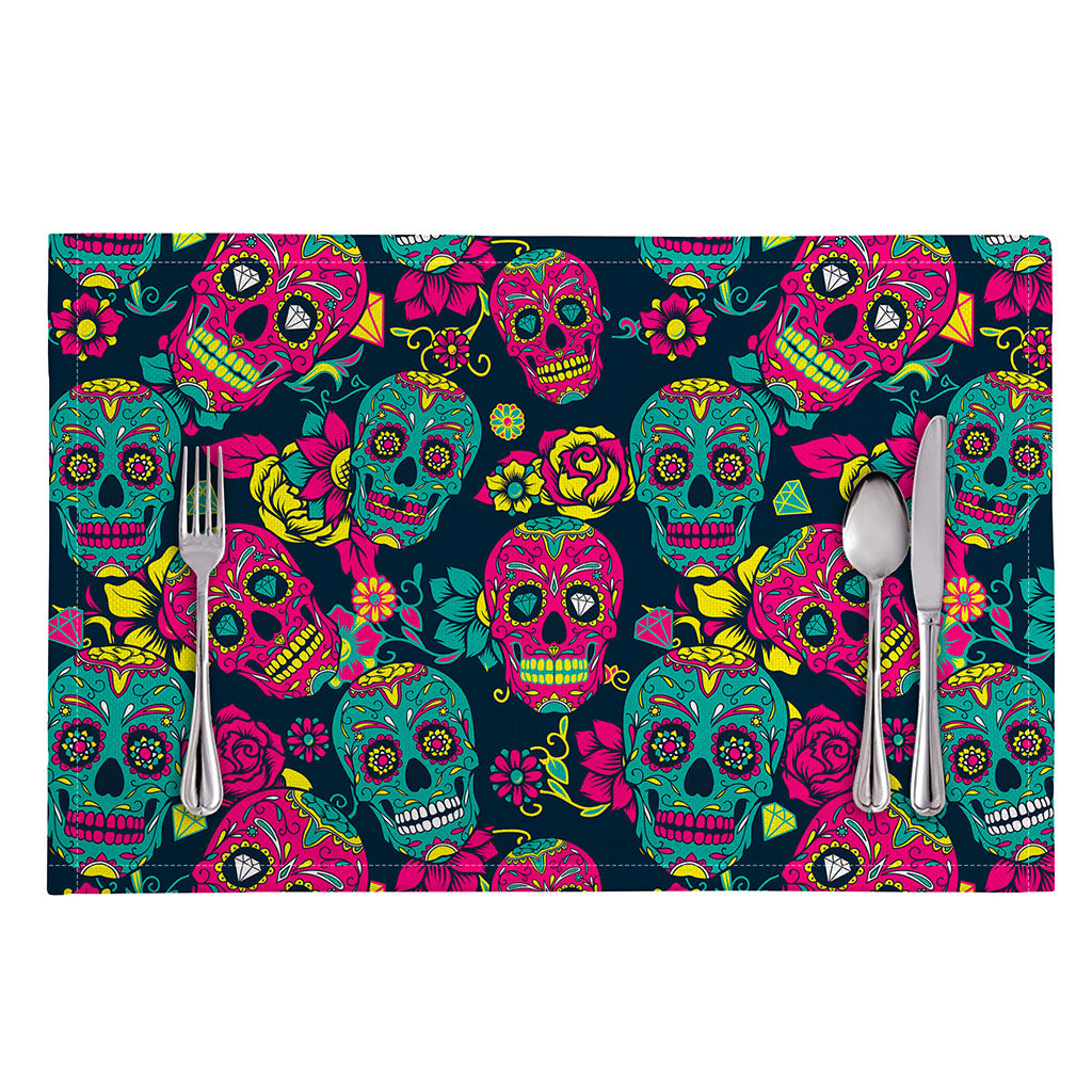 Teal Pink Sugar Skull Pattern Print Placemat