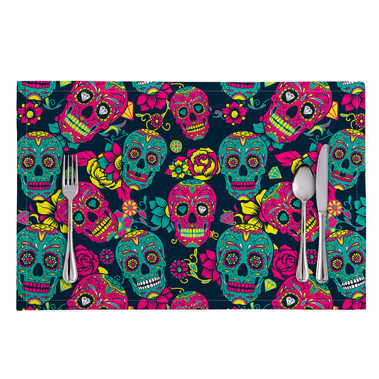 Teal Pink Sugar Skull Pattern Print Placemat