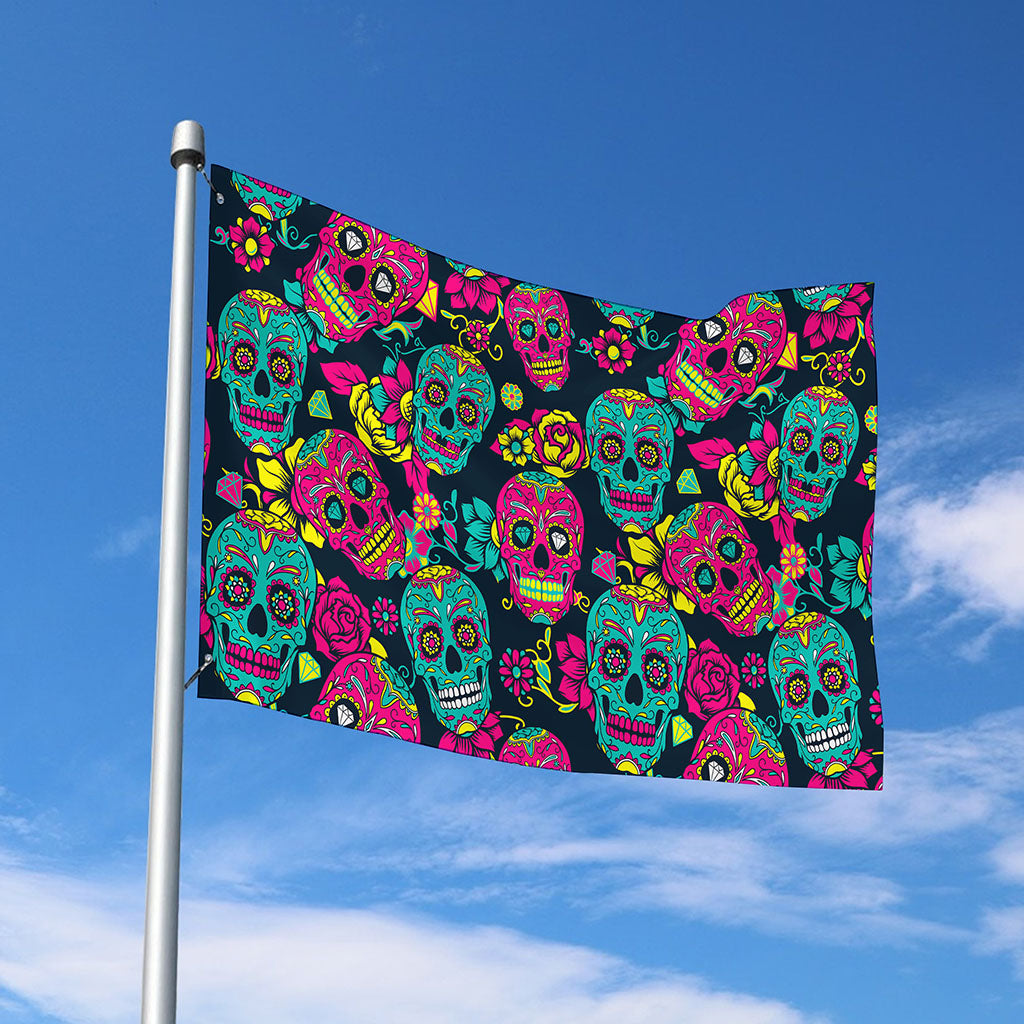 Teal Pink Sugar Skull Pattern Print Polyester Flag