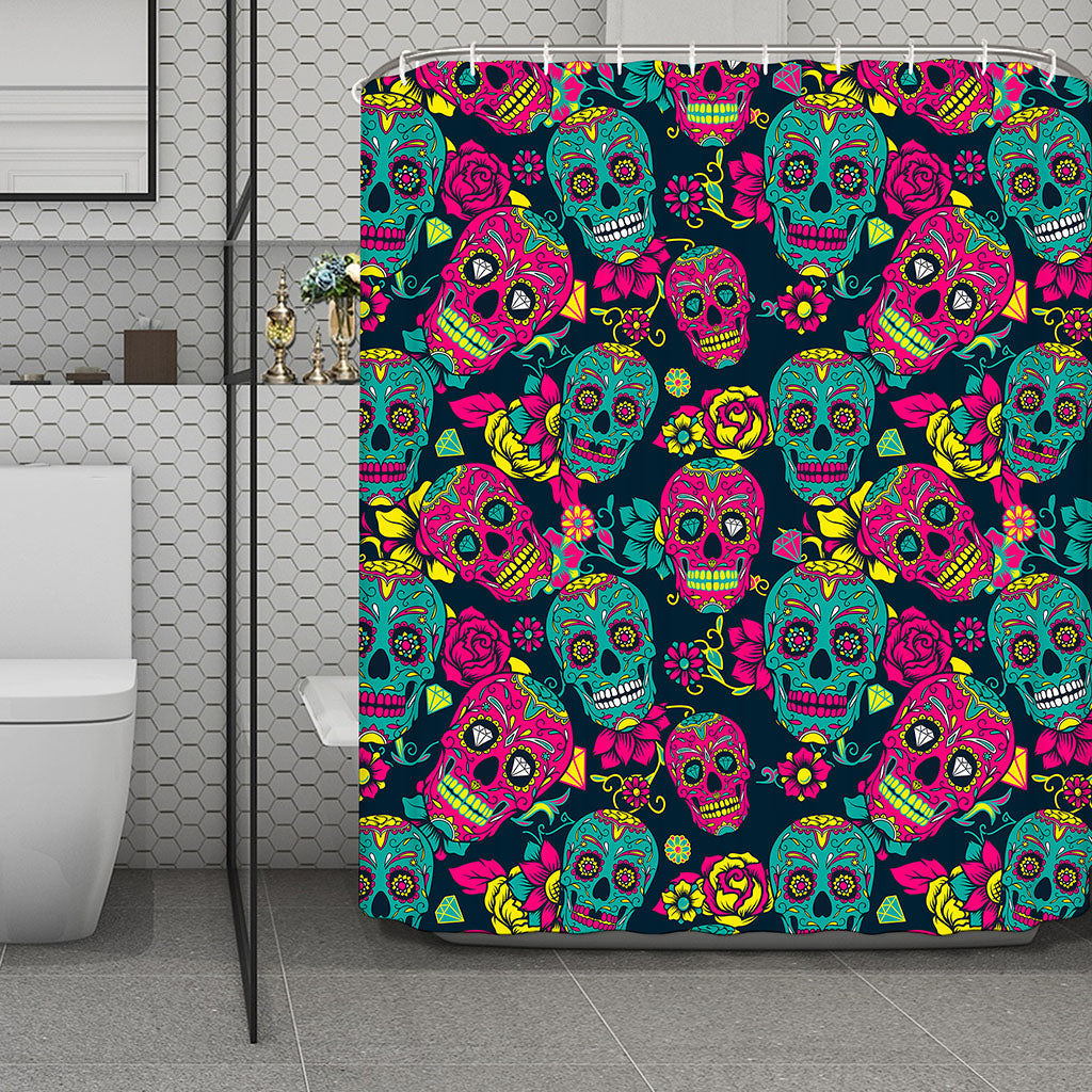 Teal Pink Sugar Skull Pattern Print Polyester Shower Curtain