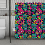 Teal Pink Sugar Skull Pattern Print Polyester Shower Curtain