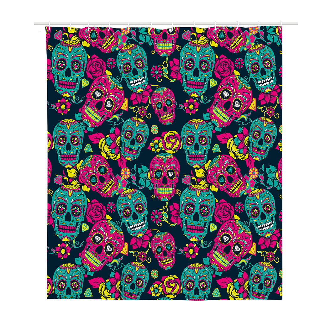 Teal Pink Sugar Skull Pattern Print Polyester Shower Curtain