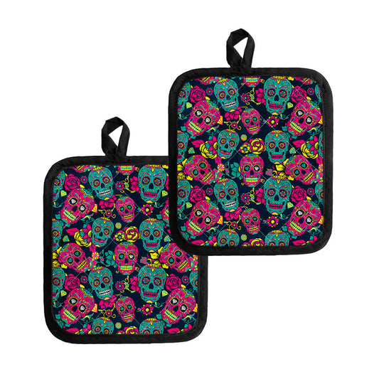 Teal Pink Sugar Skull Pattern Print Pot Holders