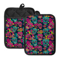 Teal Pink Sugar Skull Pattern Print Pot Holders With Pocket