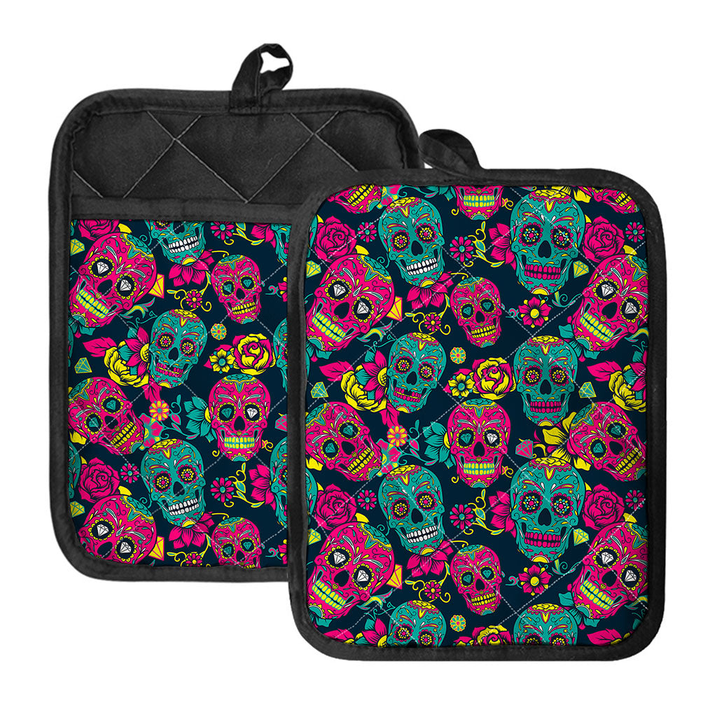 Teal Pink Sugar Skull Pattern Print Pot Holders With Pocket