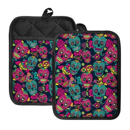 Teal Pink Sugar Skull Pattern Print Pot Holders With Pocket