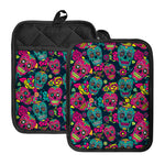Teal Pink Sugar Skull Pattern Print Pot Holders With Pocket