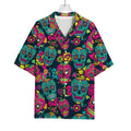 Teal Pink Sugar Skull Pattern Print Rayon Hawaiian Shirt