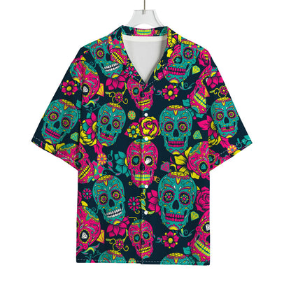 Teal Pink Sugar Skull Pattern Print Rayon Hawaiian Shirt