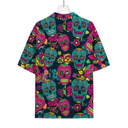 Teal Pink Sugar Skull Pattern Print Rayon Hawaiian Shirt
