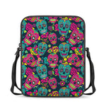 Teal Pink Sugar Skull Pattern Print Rectangular Crossbody Bag