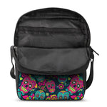 Teal Pink Sugar Skull Pattern Print Rectangular Crossbody Bag