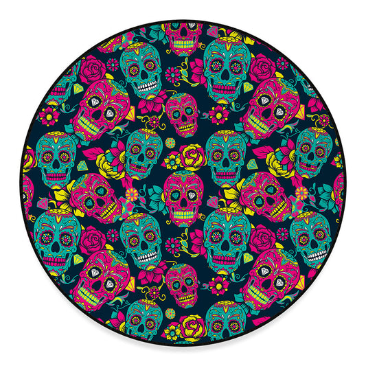 Teal Pink Sugar Skull Pattern Print Round Floor Mat