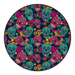 Teal Pink Sugar Skull Pattern Print Round Floor Mat