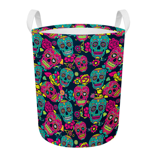 Teal Pink Sugar Skull Pattern Print Round Laundry Basket