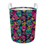 Teal Pink Sugar Skull Pattern Print Round Laundry Basket