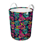 Teal Pink Sugar Skull Pattern Print Round Laundry Basket