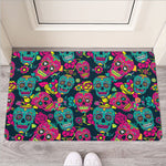 Teal Pink Sugar Skull Pattern Print Rubber Doormat