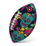 Teal Pink Sugar Skull Pattern Print Rugby Ball