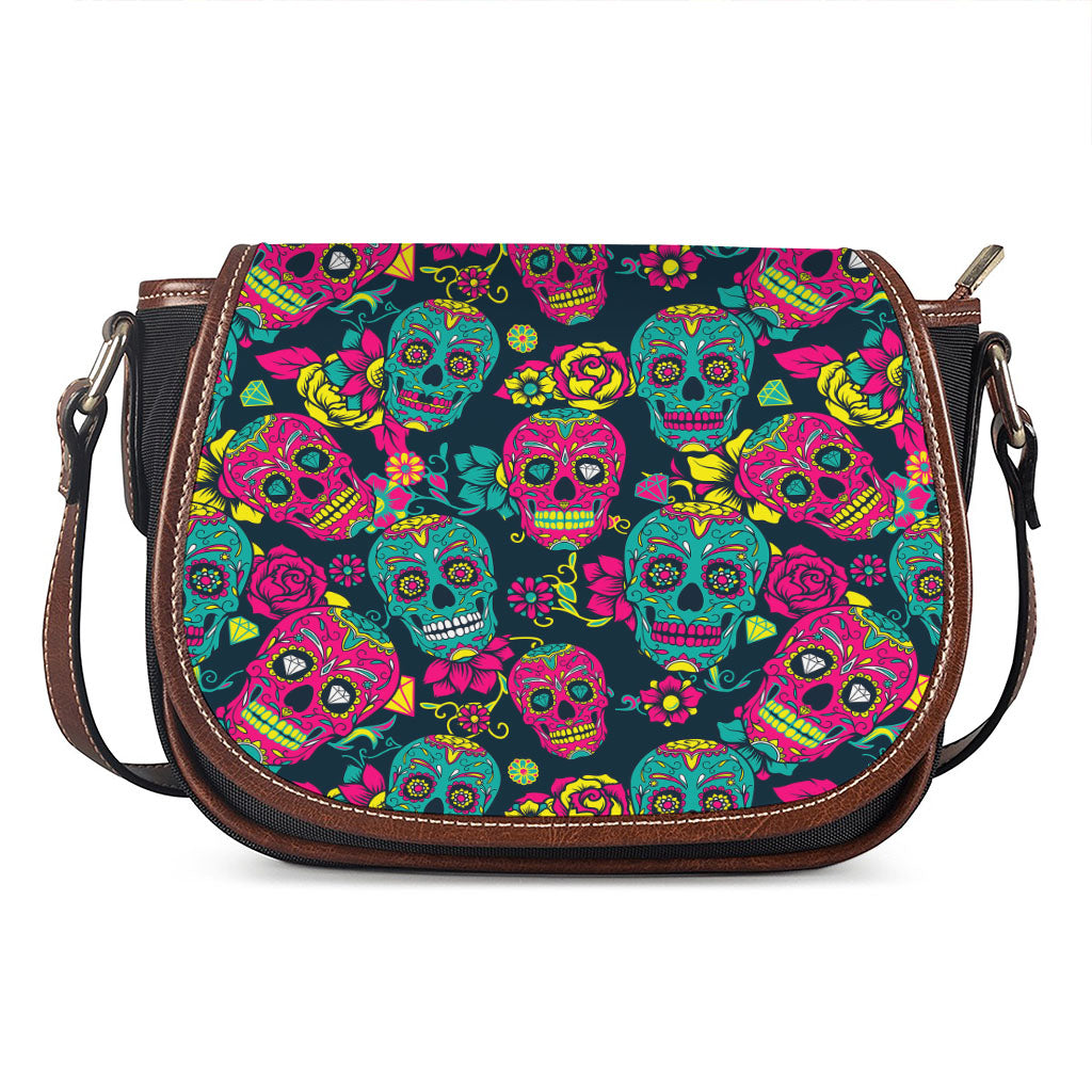 Teal Pink Sugar Skull Pattern Print Saddle Bag