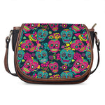Teal Pink Sugar Skull Pattern Print Saddle Bag