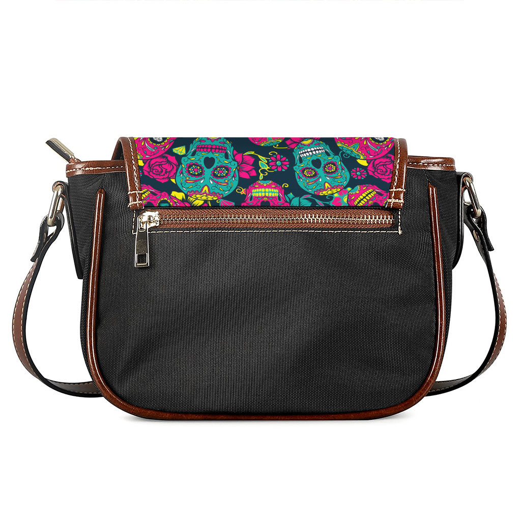 Teal Pink Sugar Skull Pattern Print Saddle Bag