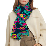 Teal Pink Sugar Skull Pattern Print Scarf